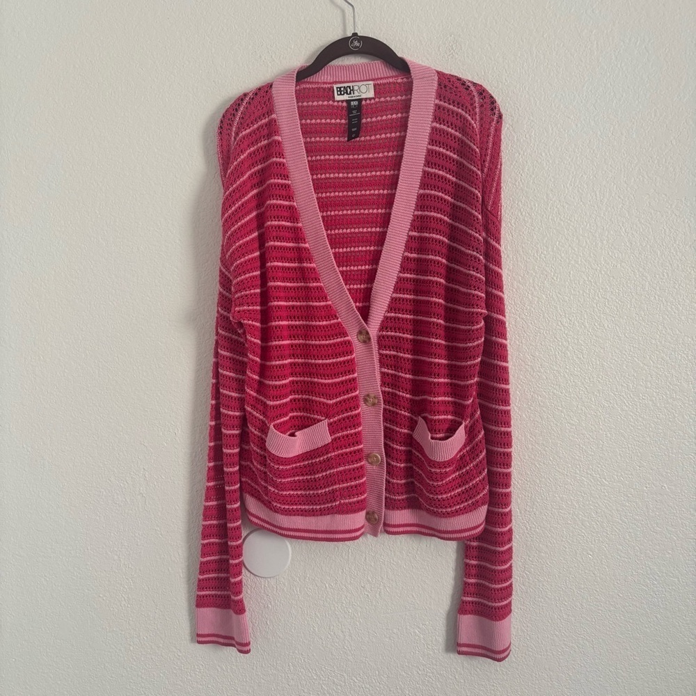 Beach Riot Women's Size Large Pink Stripe Knit Button V-Neck Cardigan Sweater